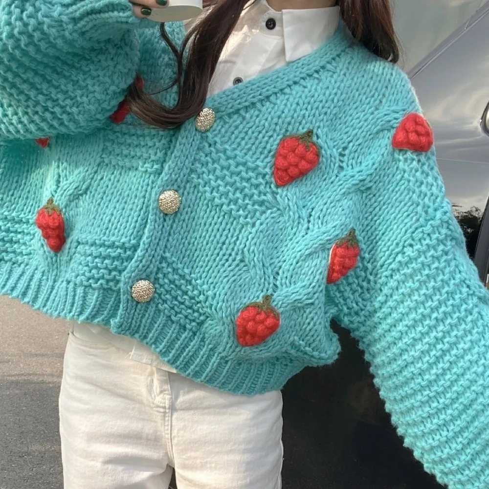 Gentle Strawberry Cardigan V-neck Short Top Chunky Knit Sweater Loose Fit Soft Knitted Cute Strawberry Sweater Casual Wear M260306