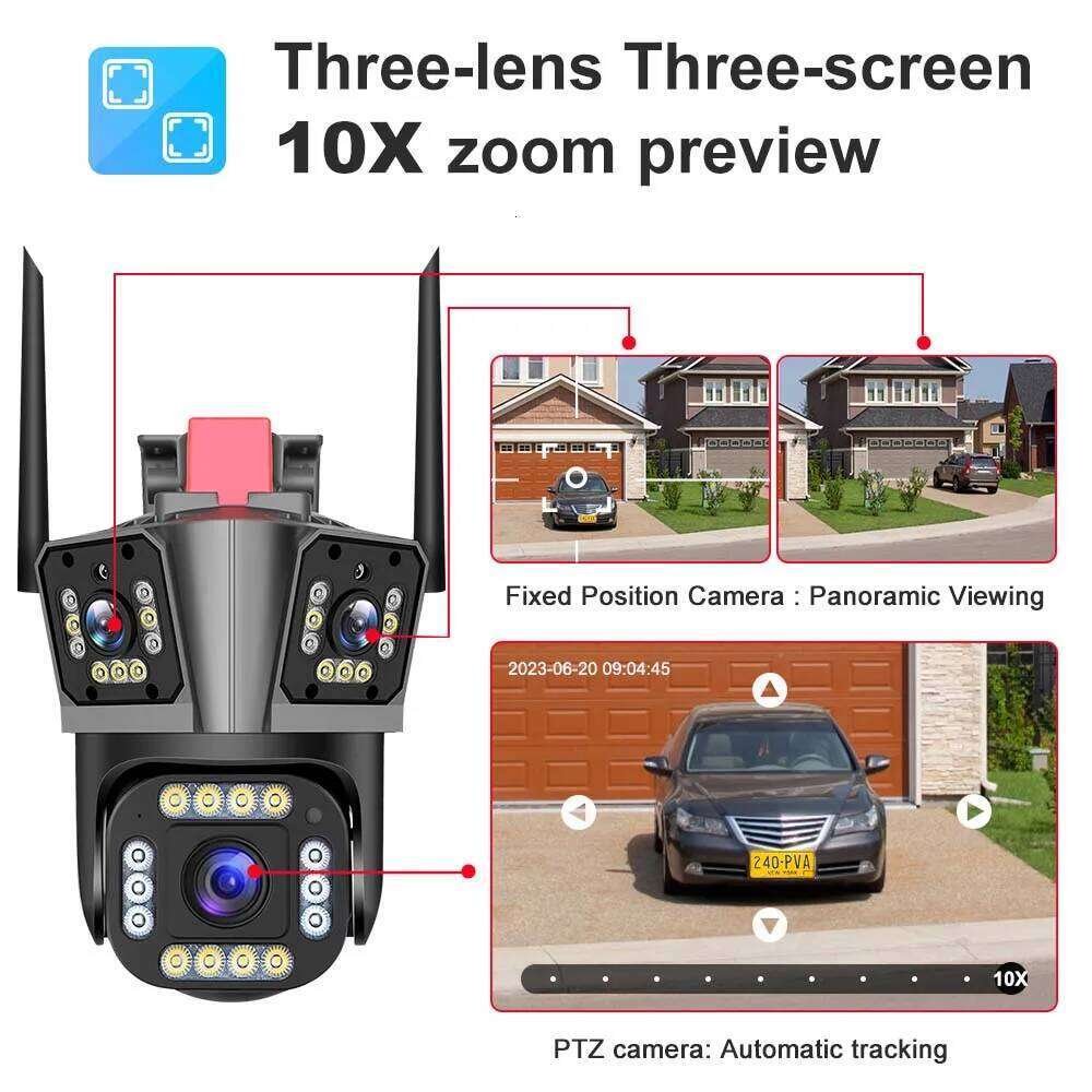 5K 12MP WiFi IP Camera Three-Lens Home Security Protection 10X Zoom Surveillance Motion Detection Smart CCTV Video Cam 26W0306