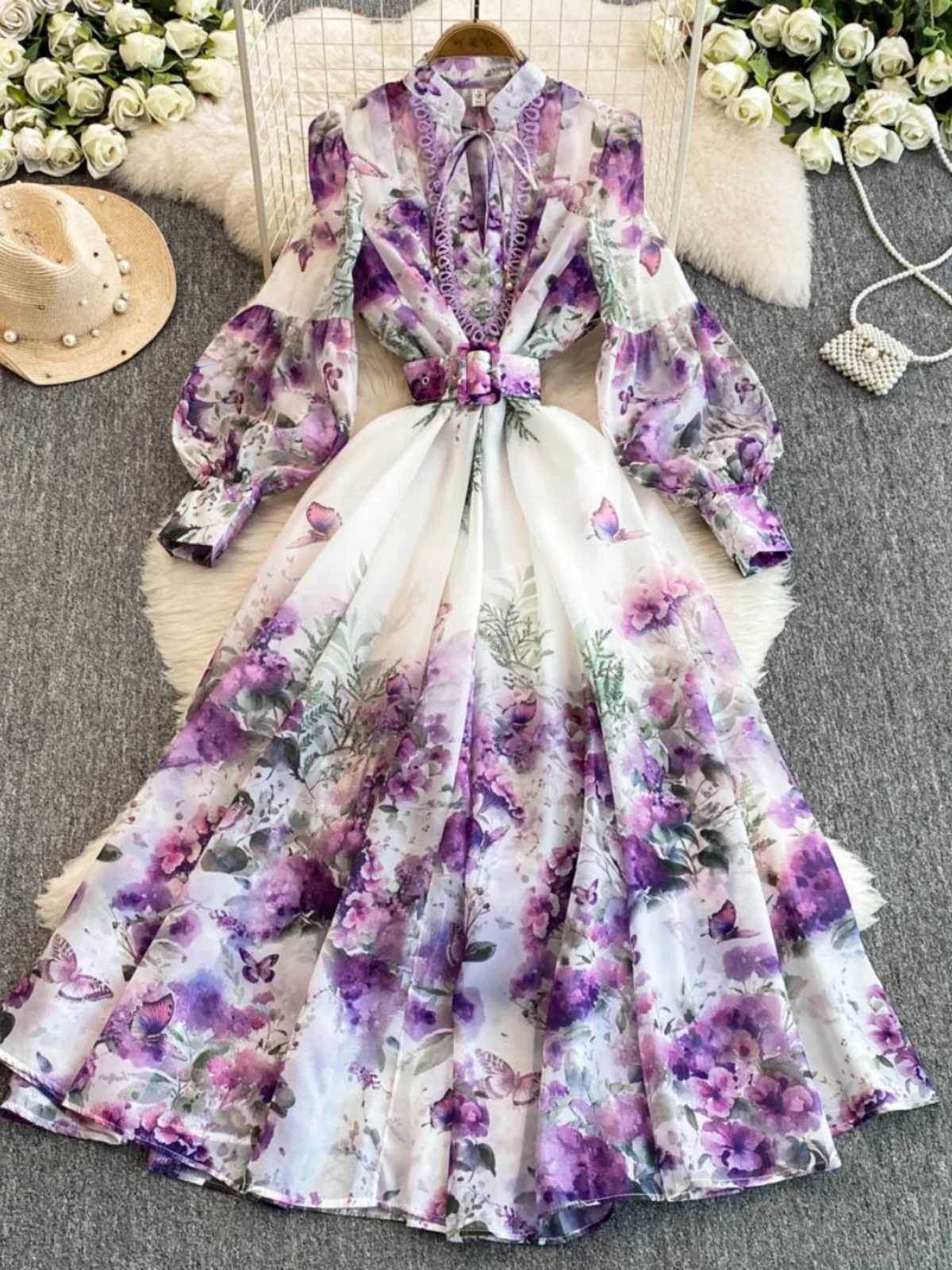 Floral Print Fresh Chic Women Dress Spring 2026 New Elegant Slim Lantern Sleeve Big Swing Vestido French Style Temperament Ropa X260306