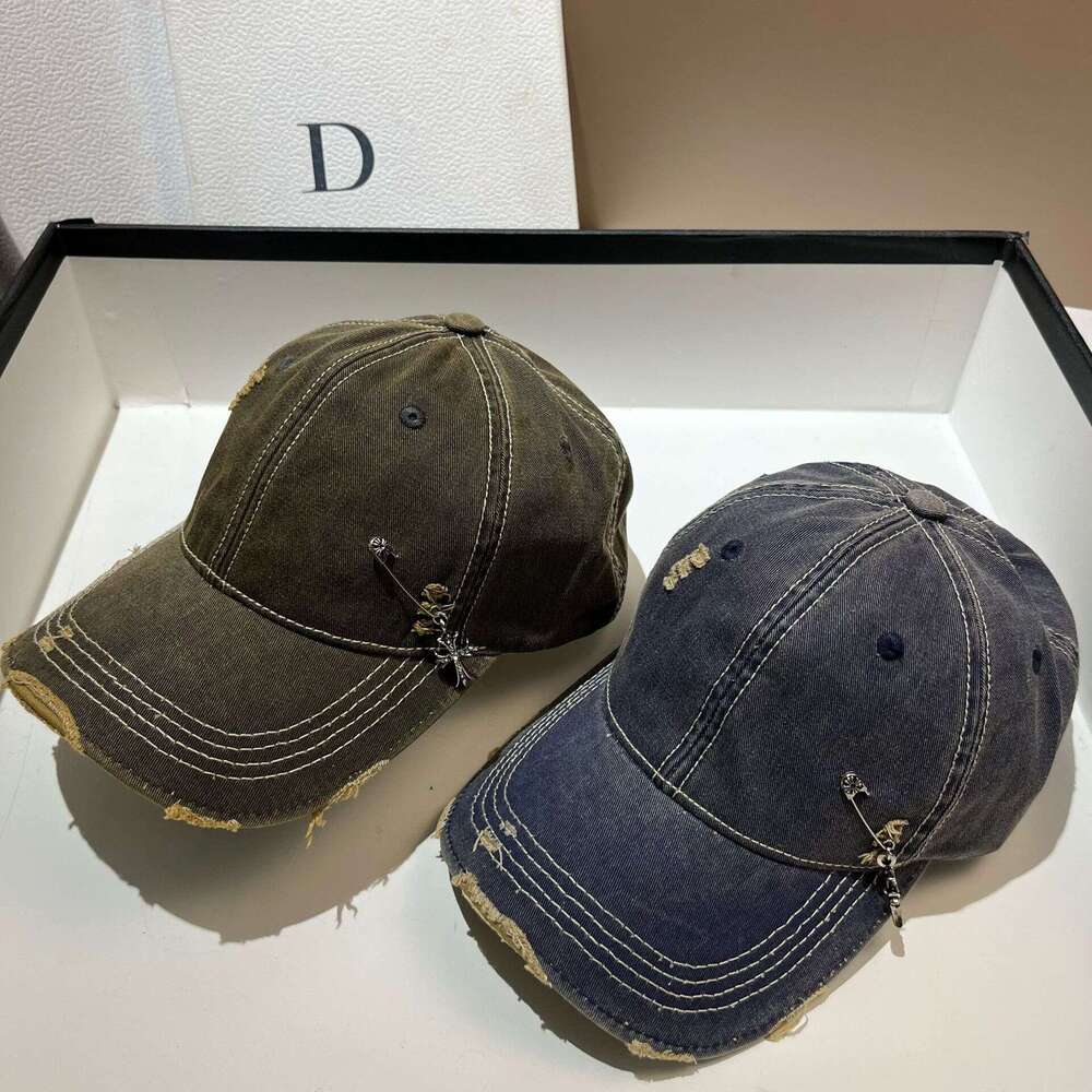Trendy Cross pin washed denim baseball cap Casual sports hat youthful Unique Distressed Color-blocking American style