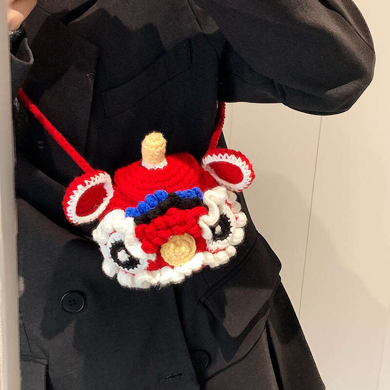 Tote National Style Lion Knitted Yarn Crochet Coin Purse Plush Crossbody Handmade Handheld Cartoon Woven Bag