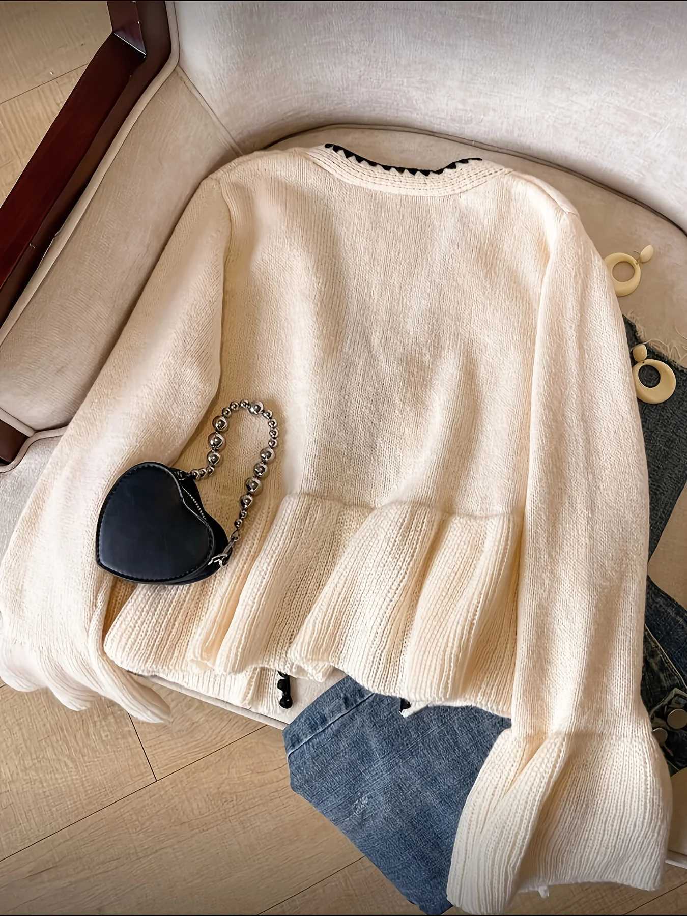 European American womens autumn and winter knitted cardigan lace-up sweater coat solid color loose long-sleeved top jacket M260306