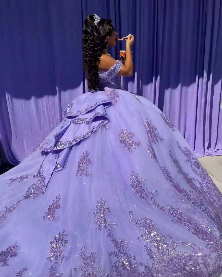 Fashion Lavender Ball Gown Quinceanera Dresses Off-Shoulder Appliques Princess Party Vestidos De