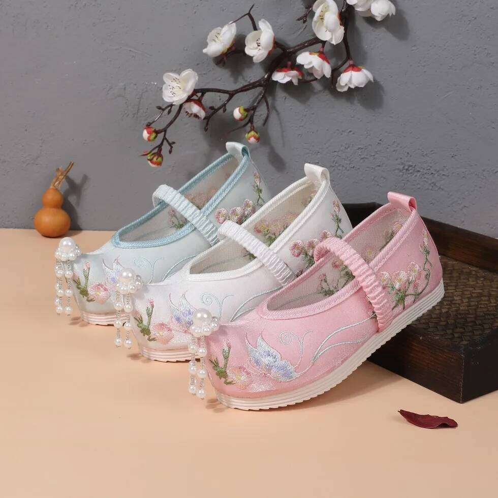 Chinese Style Hanfu Cloth Kids Ancient Costume Embroidered Girls Shoes Casual Performance Baby Zapatos Children's Flats 26H0306
