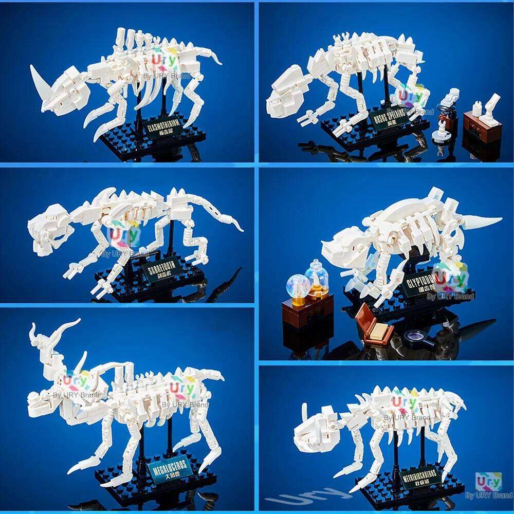 6in1 Museum of Ice Age Fossil Animals Mammoth Sabre Wulf Cave Bear Elasmotherium Glyptodont Set Building Blocks Toy for Kid Gift Z260305