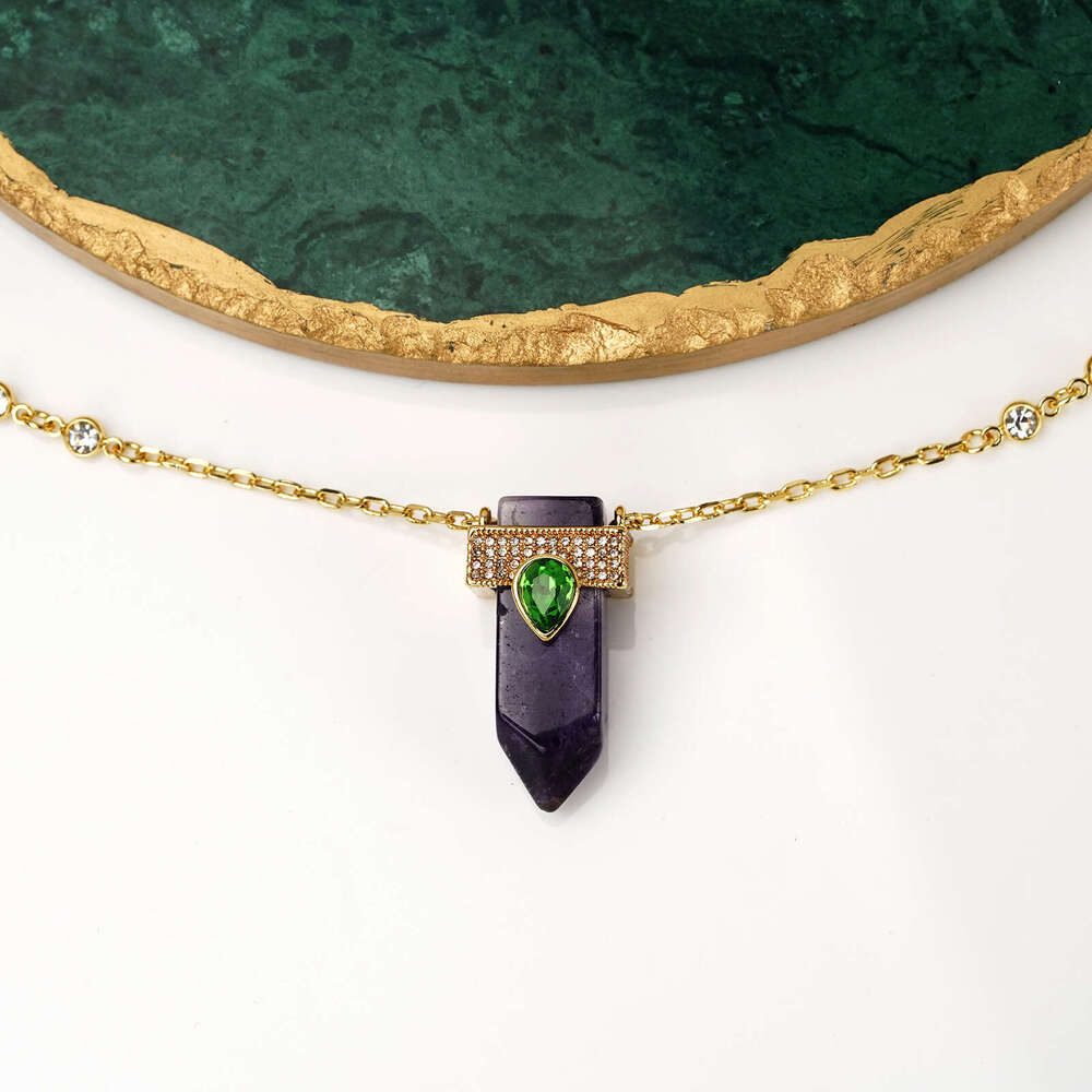 Vintage Purple Natural Stone Pendant Necklace Sweater Chain Choker Geometric Earrings Hooks Light Luxury High-End Ear Accessories High-Quality
