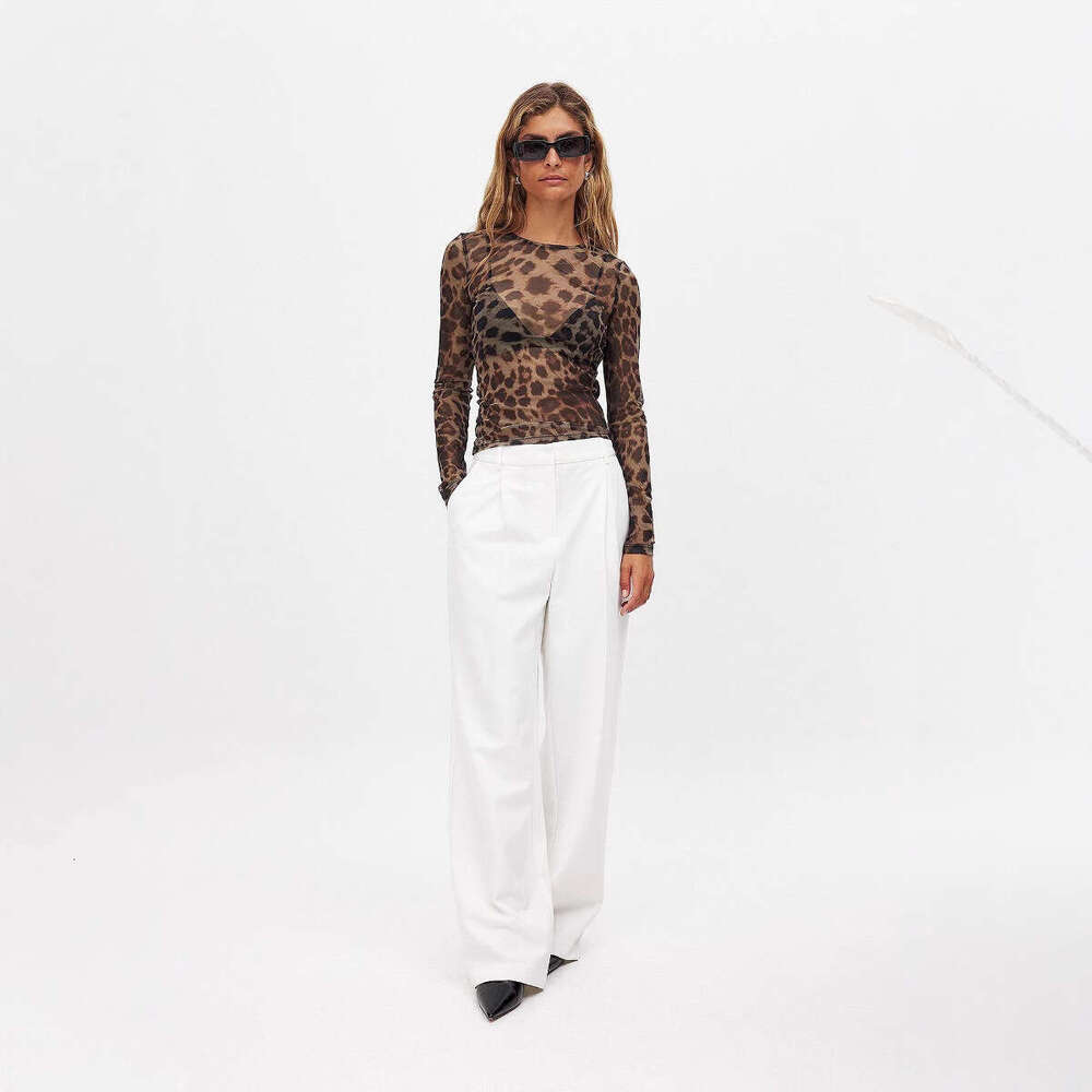 New European and American cross-border women's sexy leopard print mesh printed bodysuit T-shirt top for women
