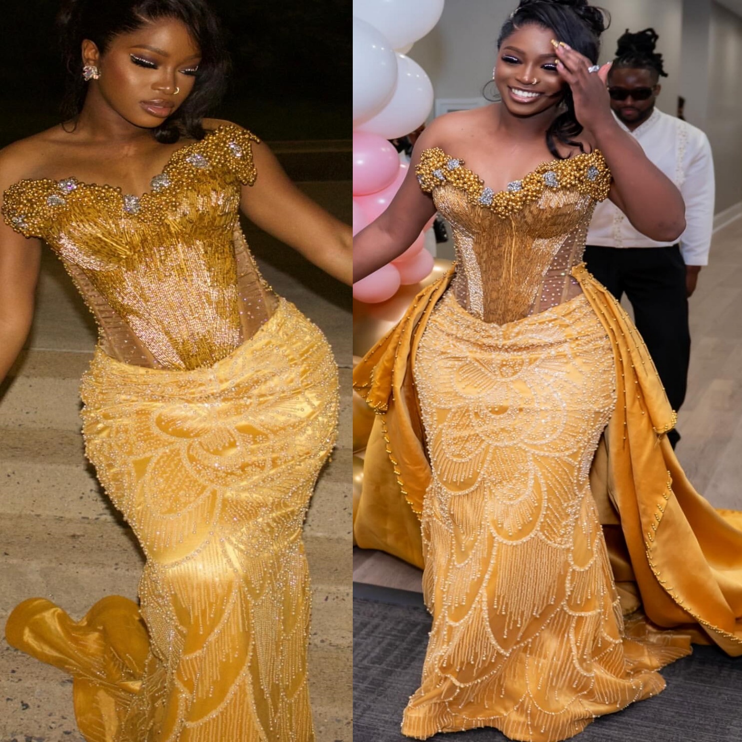 Aso Ebi Gold Prom Dress 2026 Mermaid Prom Dress Pearls Beaded Detachable Train Evening Dresses For Black Women Birthday Party Formal Receiption Gowns 