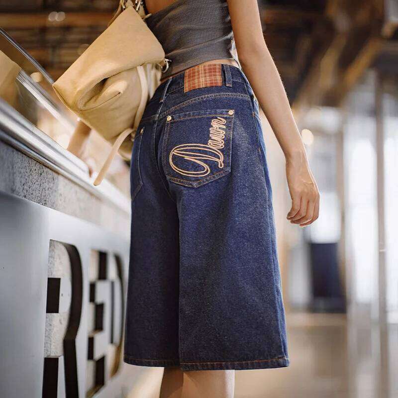 Maden New Vintage Navy Heavyweight Denim Shorts Women's Summer Embroidered Pants With YKK Zipper Wide Leg Straight Casual Jeans Mdng260306