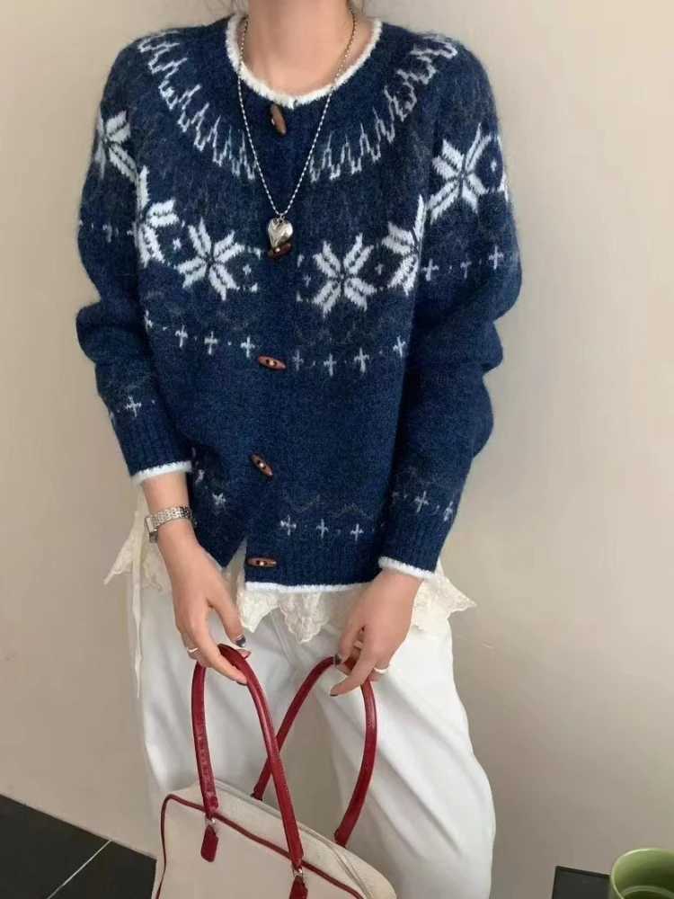 Zjaiss Autumn Winter New Lazy Style Loose Long Sleeves Bull Horn Button Knitted Cardigan Korean Retro Jacquard Women Sweater M260306