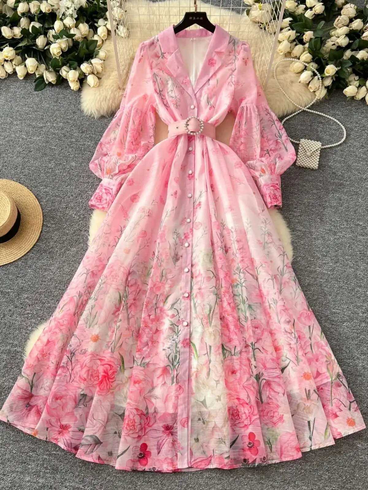 Floral Maxi Dress Women Summer Holiday Long Dresses Shirt 2025 Spring Full Sleeve Single Breasted Pearls Party Vestidos X260306