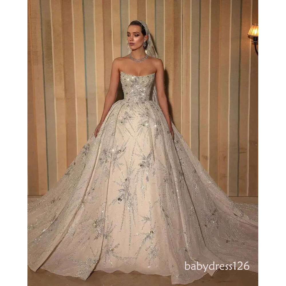 Luxury Ball Gown Wedding Dresses Sleeveless Bateau Strapless Sequins Applique Ruffles Beads Diamonds Pearls Plus Size Bridal Gowns Custom Made Vestido