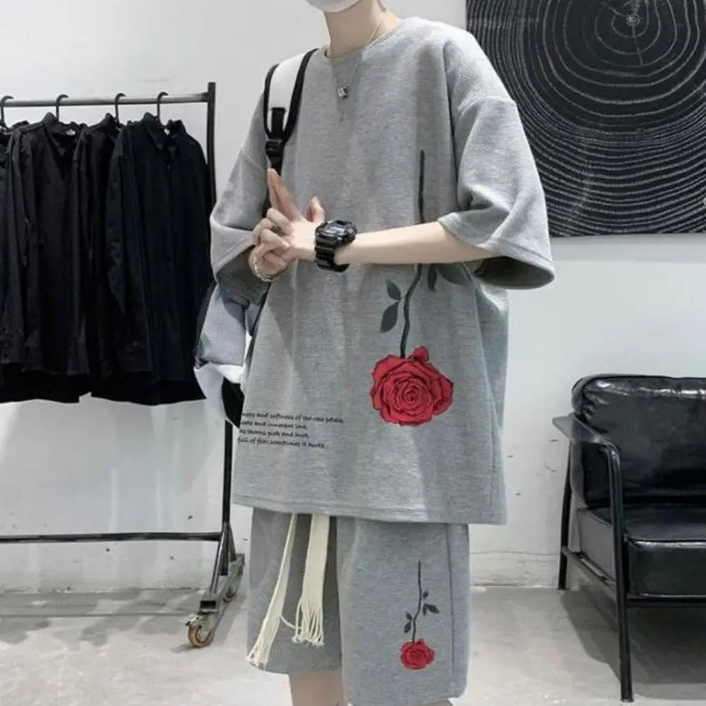 Y2k Korean Fashion Streetwear Hip Hop Rose Casual Short Suit Tshirt 2 Piece Set Summer Tracksuit Men Harajuku Oversize Tee 260227
