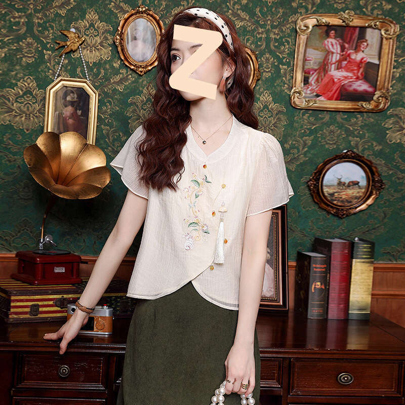 Ladies Embroidered Tops Short Sleeve Shirts Chinese Style Buttons Fashion Trend Irregular Summer New Style 2025 Stand-up Collar
