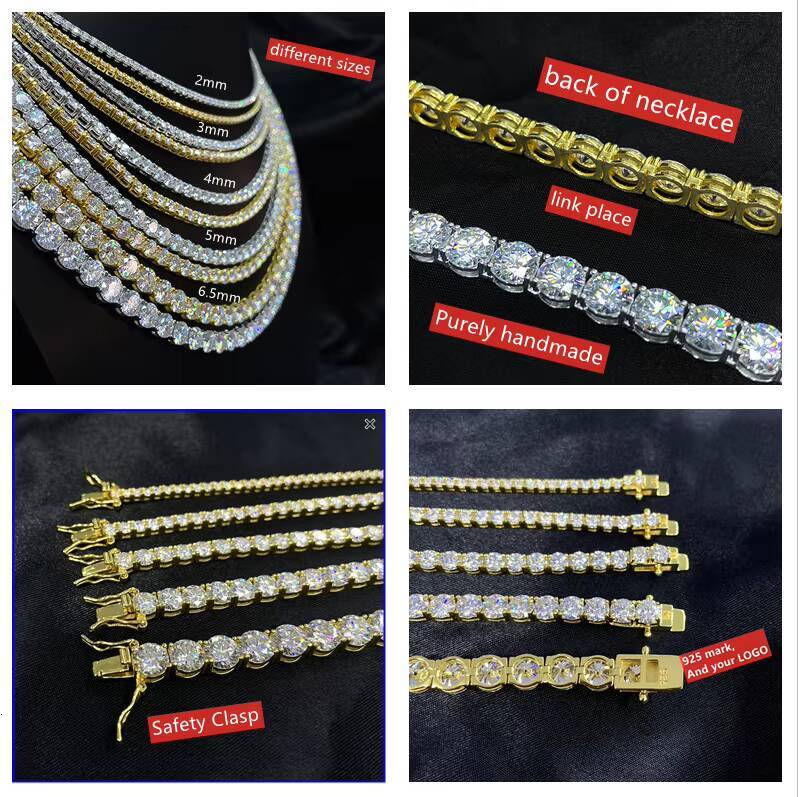 HipHop 3MM 4MM 5MM Couple Tennis Chain Cubic Moissanite VVSia S925 Silver Plated 18K Gold Tennis Necklace Bracelet for Men and Women