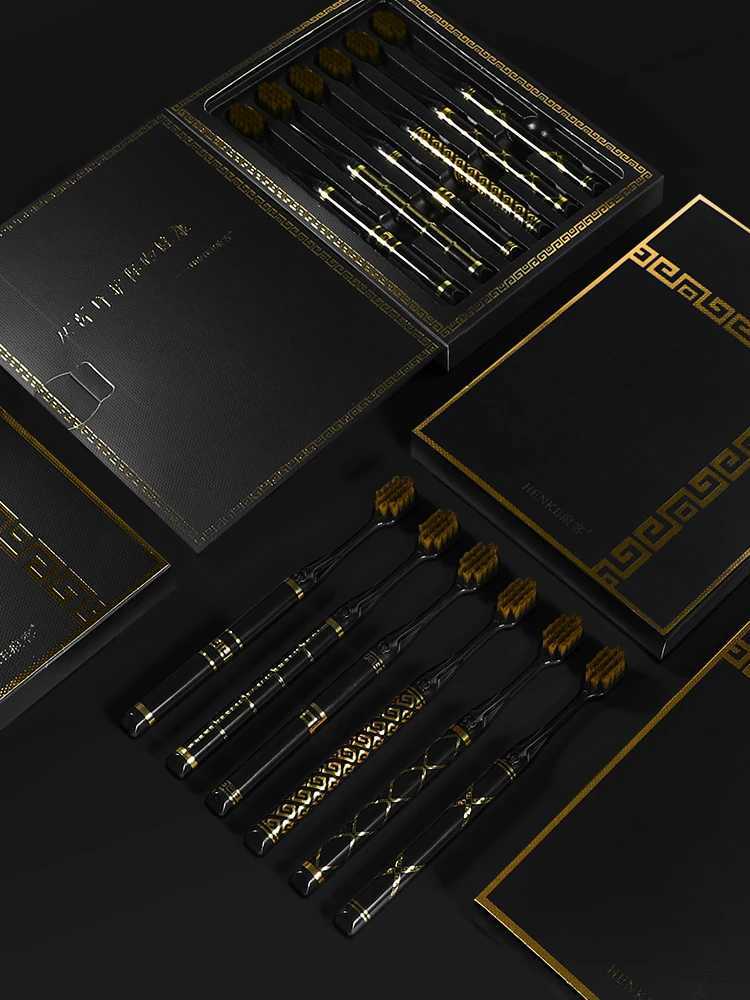 This 6-piece gift box set of black and gold toothbrushes features printed handles and soft bristles, making it ideal for adults, couples, home use, an