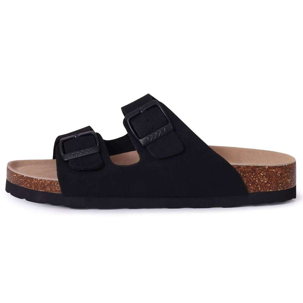 Litfun Women's Cork Footbed Classic Leather Flats Slippers Thick Bottom Double Buckle Slides Beach Sandals Adjustable