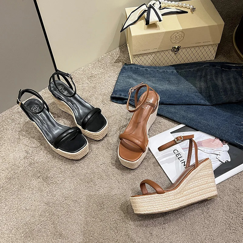 Seller Summer Buckle Square Head Hemp Wedge Sandals Thin Belt Braided Platform High Heel Shoes for Women 260306