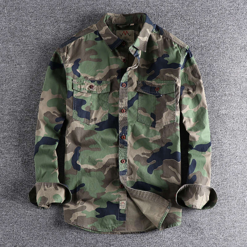 Khaki Foreign Trade Washed Camouflage American Workwear Long Sleeve Shirt for Men with Double Pockets Versatile Casual Military Youth Top
