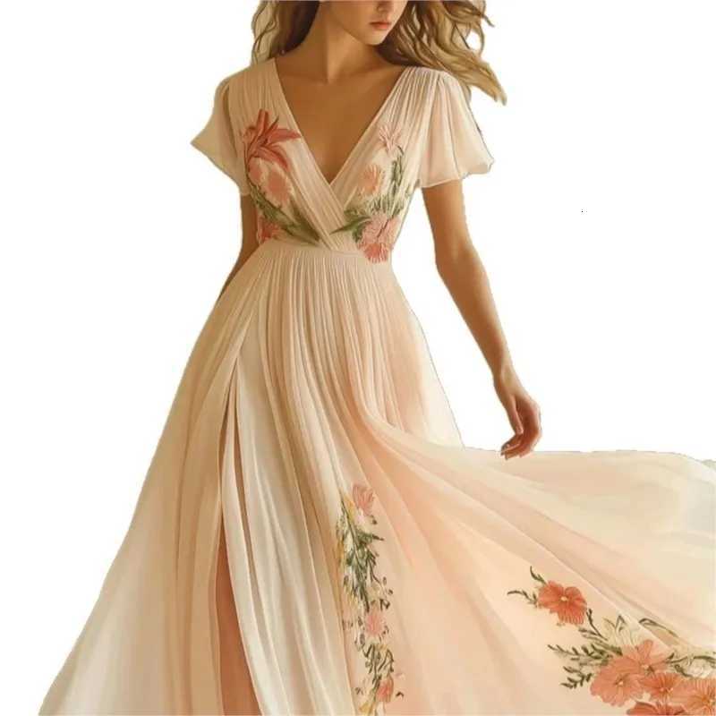 Womens Clothing Trend 2025 Summer Short Sleeve High Waist Dresses Sexy V Neck Floral Printed Boho Holiday Dress Vestidos X260306