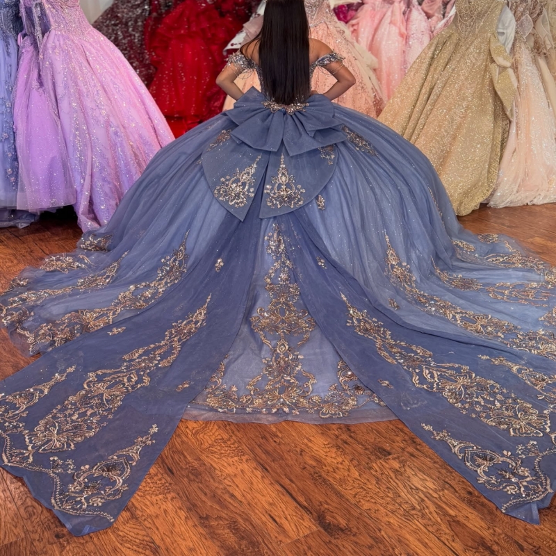 Navy Blue Shiny Quinceanera Dresses Ball Gown Off The Shoulder Gold Applique Lace Beading Crystal Bow Corset Party Birthday Sweet 16 Dress Vestidos 15