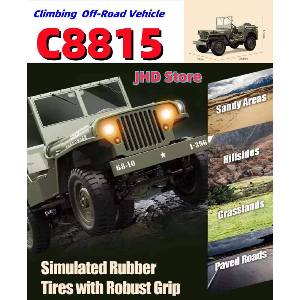 JHD FOR JJRC Rc Car 1:10 JEEP MB 2.4g 4wd RTR Crawler Climbing Scale Military Truck Offroad Vehicle C8815 Adult Toy Gift C260305