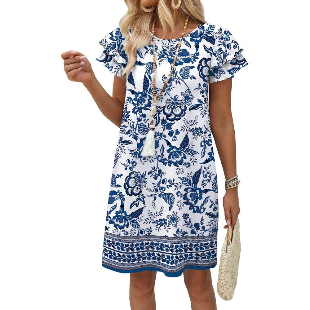 Womens Summer Dresses 2026 Designer Ruffle Sleeve Round Neck Loose Swing Sundresses with Pockets Plain/Print