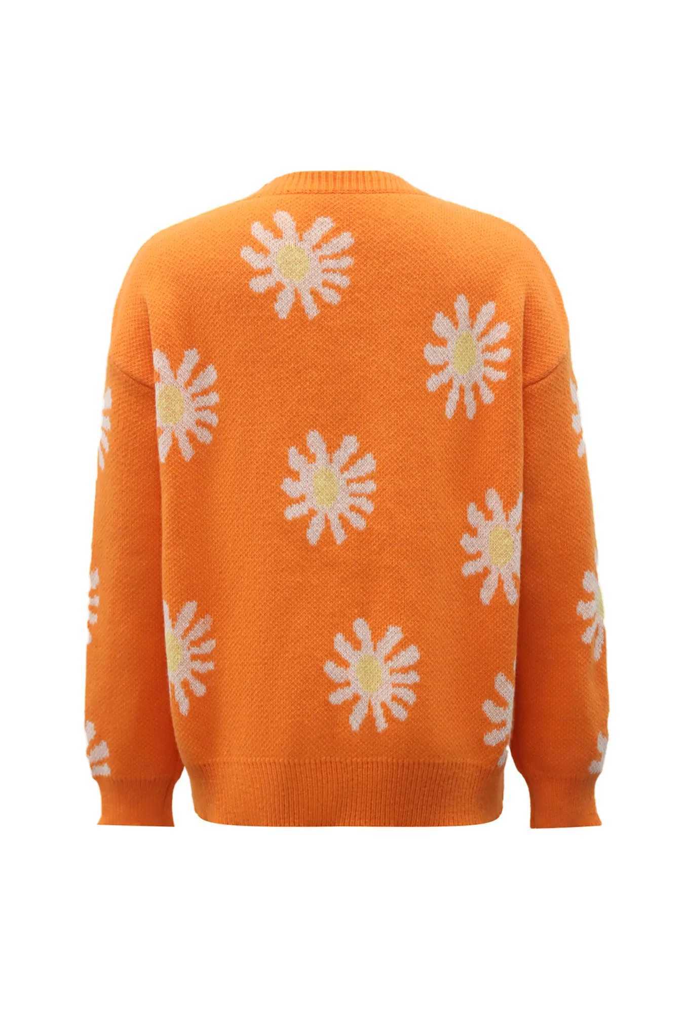 Womens Oversized Knit Cardigan Casual Button-Up Sweater with Orange Daisy Embroidery Comfortable Loose Fit Sweater M260306