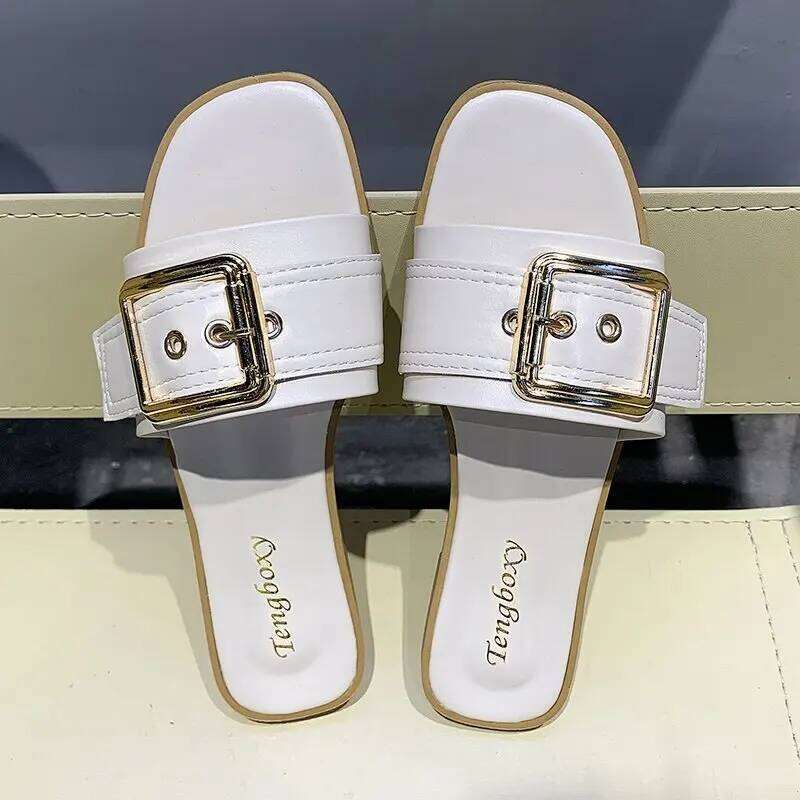 New Slides Personality Buckle Open Toe Wear-resistant Office 2025 Flat Slippers Summer Sandy Beach Sandals Women Shoes