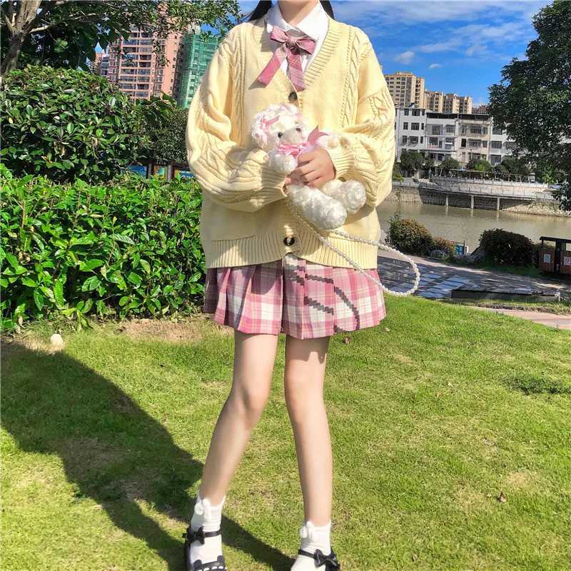 Japanese Sweet Girls JK Cardigan Loose Knitted Twist Sweater Coat Student School Uniform Women Fashion Double Pockets Knitwear M260306