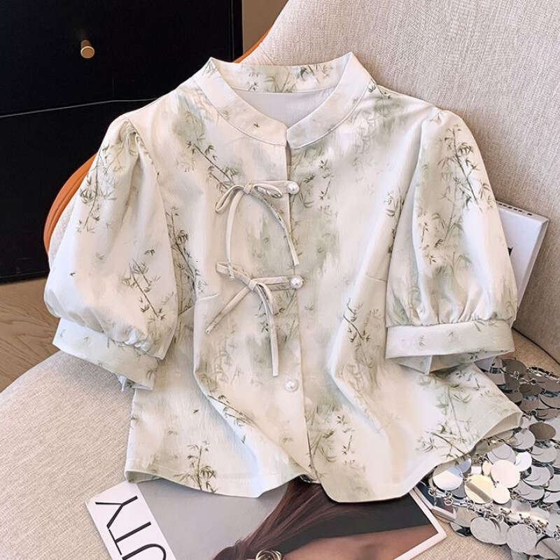 New Chinese style Green Bamboo Print Short Sleeve Shirt With Summer Cheongsam Collar And Button Design Embroidered Slim Fit Women's T-irt Summer