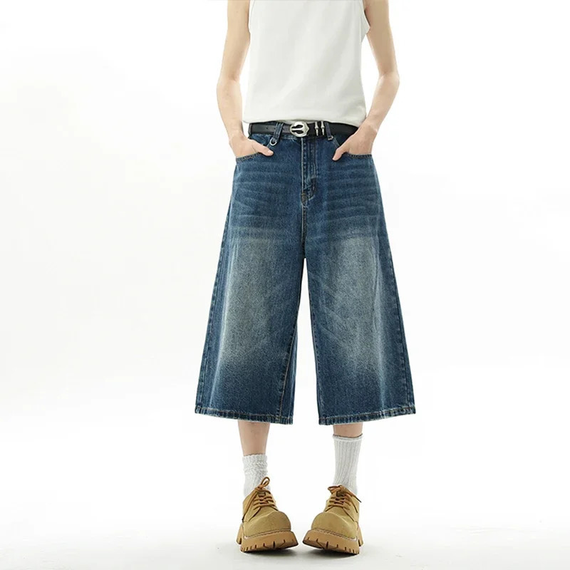 Mens Baggy Denim Shorts Summer Jorts Fashion Retro Casual Loose Wide-leg Calf-length Jeans Y2K Streetwear Korean Style 260306