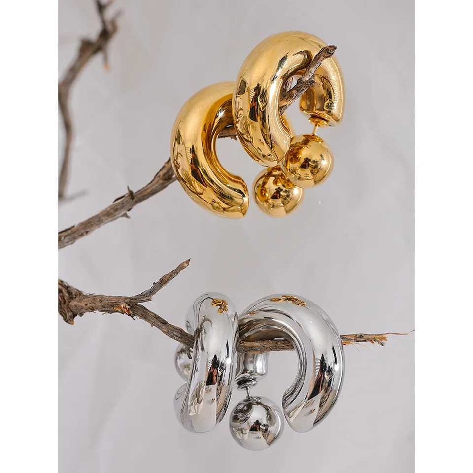 Yhpup Stainless Steel C Shape Round Chunky Unusual Earrings Jewelry Waterproof Metal Texture Attractive Women Accessories Gift 260302