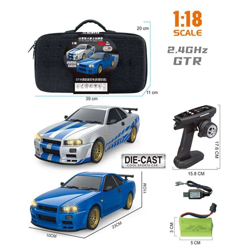 LDRC 1899 1/18 RC Drift LD1899 GTR Mode R34 2.4GHz RWD with Gyroscope on-Road Alloy Body Shell Racing Car for Boys Gifts C260305