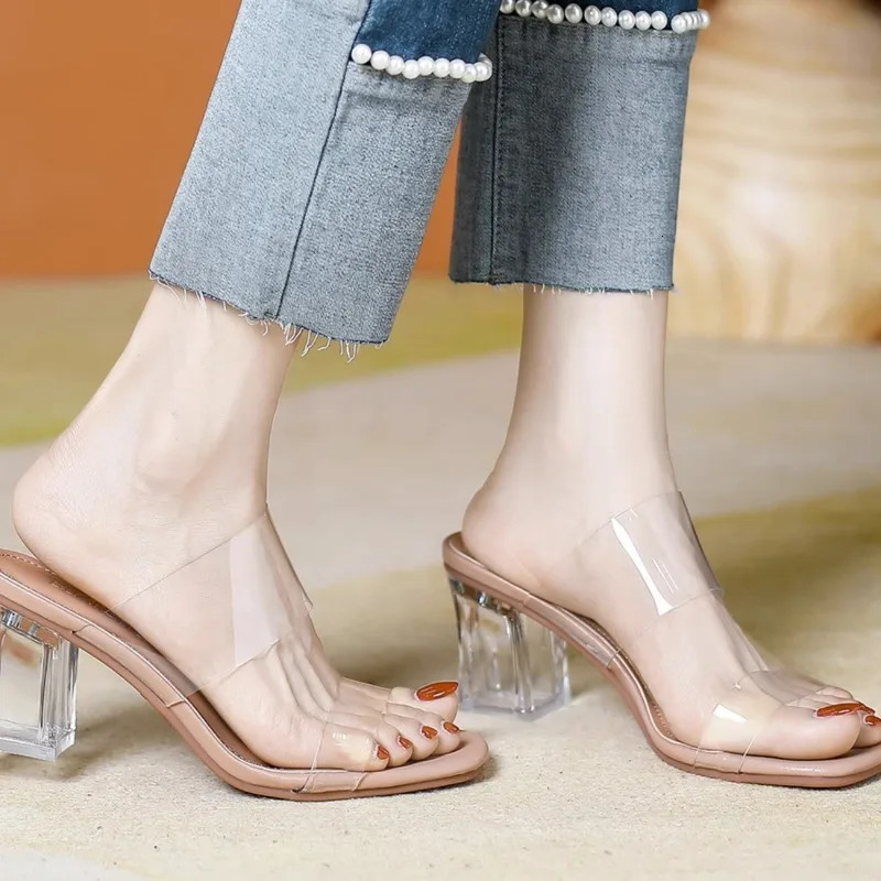 Shoes Transparent Slippers Thin Heels Slipers Women Slides Heeled Mules Jelly Flip Flops Med High Glitter 260305