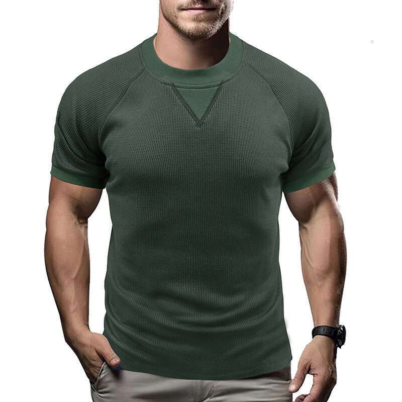 Amazon European and American short-sleeve ribbed crew neck waffle T-shirt top, cross-border men's basic rugged style