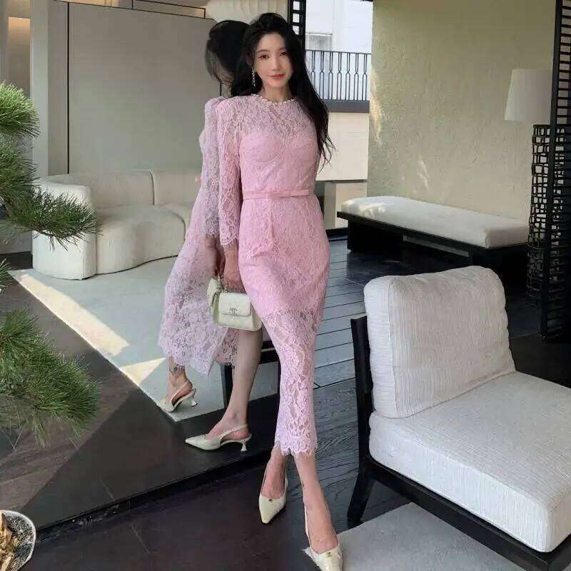 Luxury Summer Bead Crystal Sexy Perspective Eyelash Lace Long Dress Women Evening Short Sleeve Pencil Party Midi Dresses Mdng260306