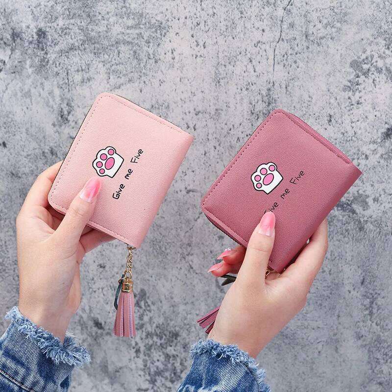 New Women's Fashion Short Casual Student Coin Purse Cute Cartoon Cat Paw Print Tassel Zipper Card Case Designer Wallet C260304