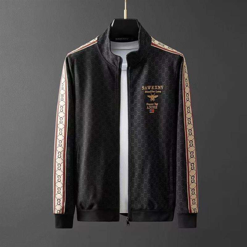 Luxury Bee Embroidery Stand-Up Collar Cardigan Sweatshirt Men With Letter Embossing, Fashionable Jacket