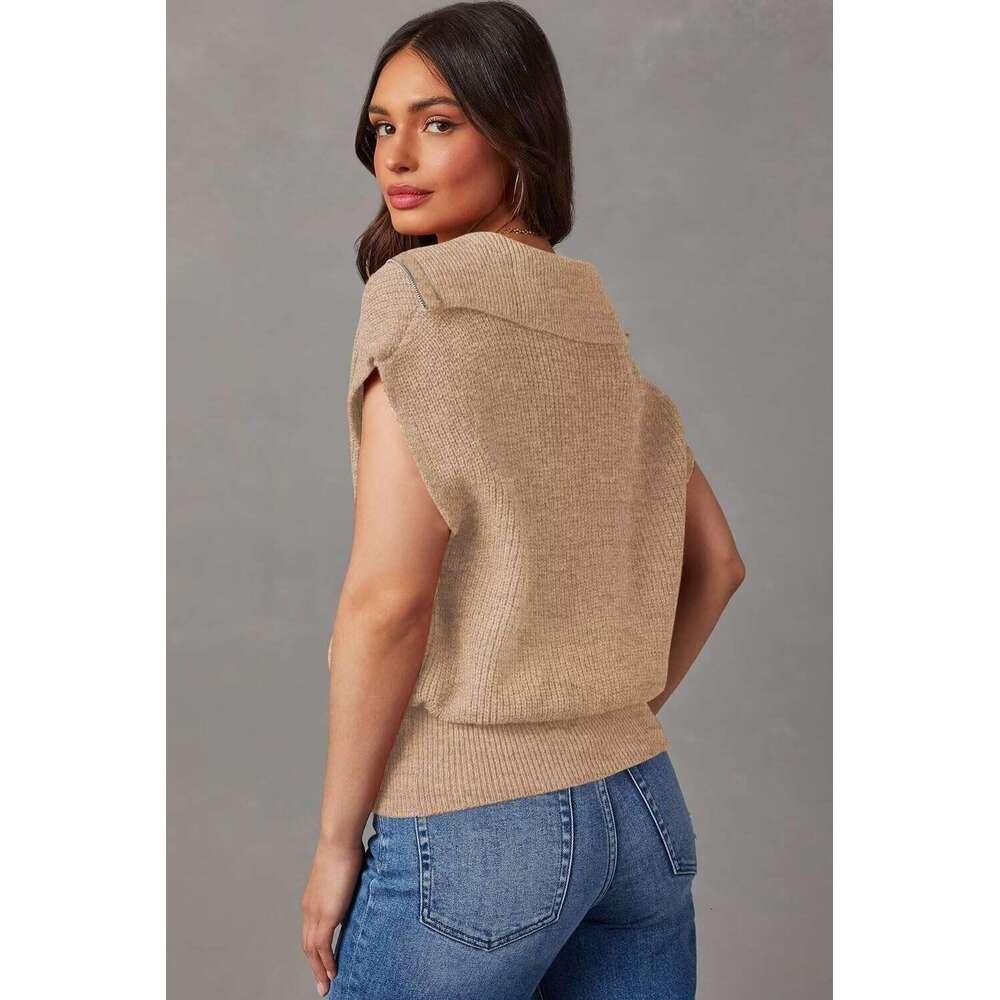 Women's Casual Sleeveless Half Zip Pullover Solid Designer V Neck Collar Ribbed Knitted Loose Sweaters