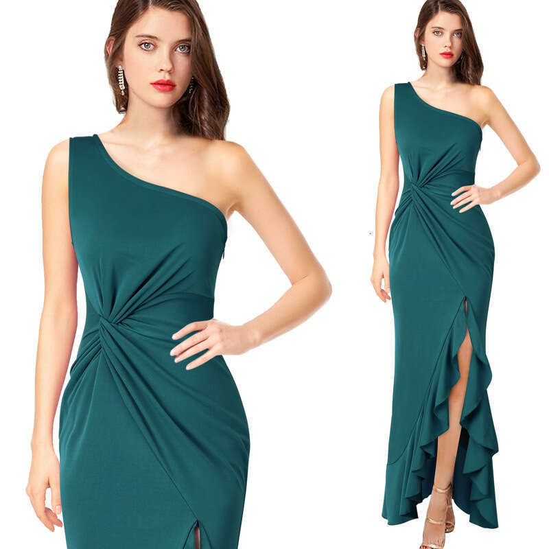 Evening Internet Celebrity Cross-Border Women's Summer Ruffle Hem Large Slit Floor-Length Solid Color Dress