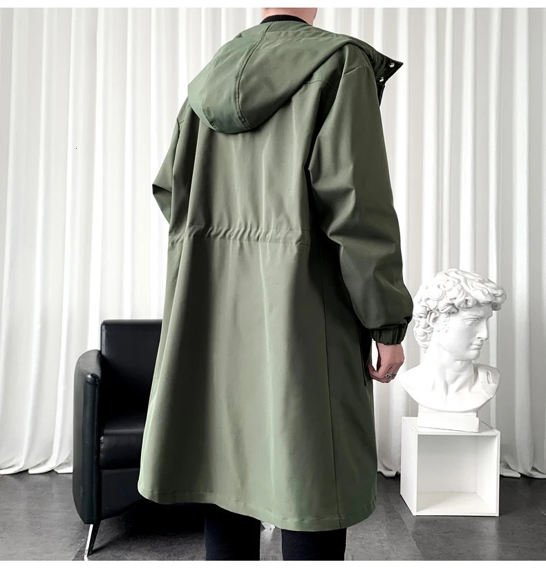 Trench Coat Mens Fashion Army green Overcoat Men Casual Windbreaker Solid Long Male Autumn Homme BlackKhakiArmy 260302