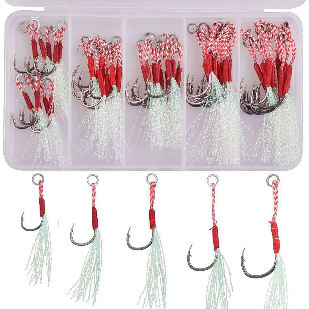 50Pcs assist hooks for slow jigging Metal Jig Barbed Hook Tying Up Fishhook With Teaser Feather Saltwater fishing hook set S260305