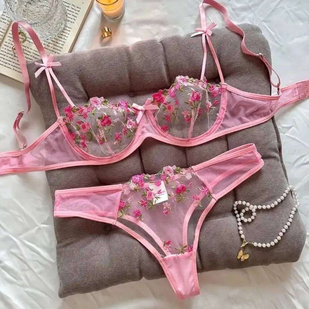 2pcs Sweet Mesh Lace Flower Sexy Embroidery Panties Set Bowknot Intimates Push Up Bra Women