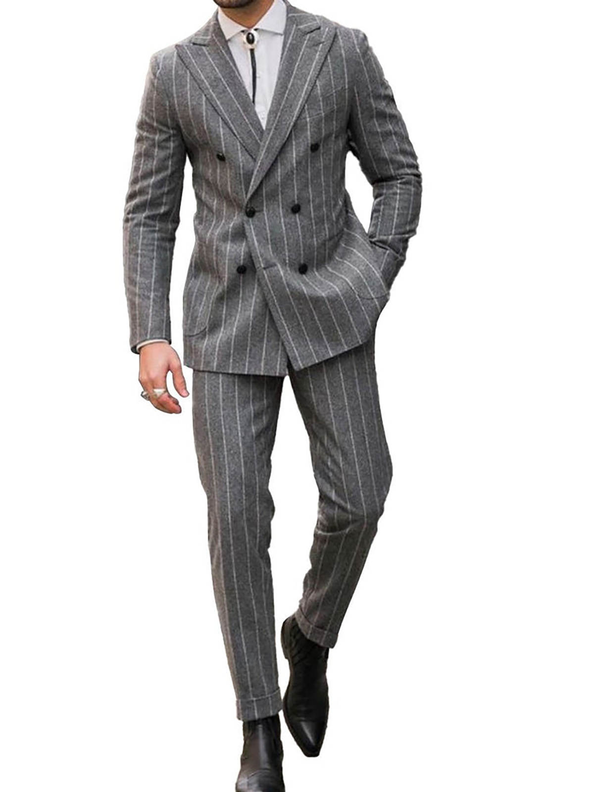Men Wedding Tuxedos Gray Wide Stripes Peaked Lapel Blazer Prom Party Jacket Pants Groom Wear 2 Pieces Formal Sets