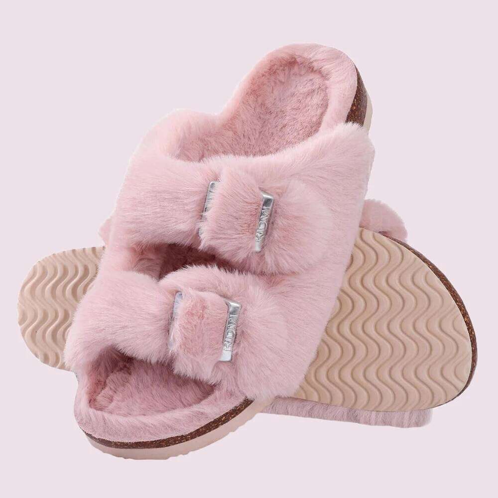 Litfun Winter Women's Fluffy Cork Comfy Arch Support Fuzzy Slippers Open Toe Plush House Slides With Adjustable Buckle