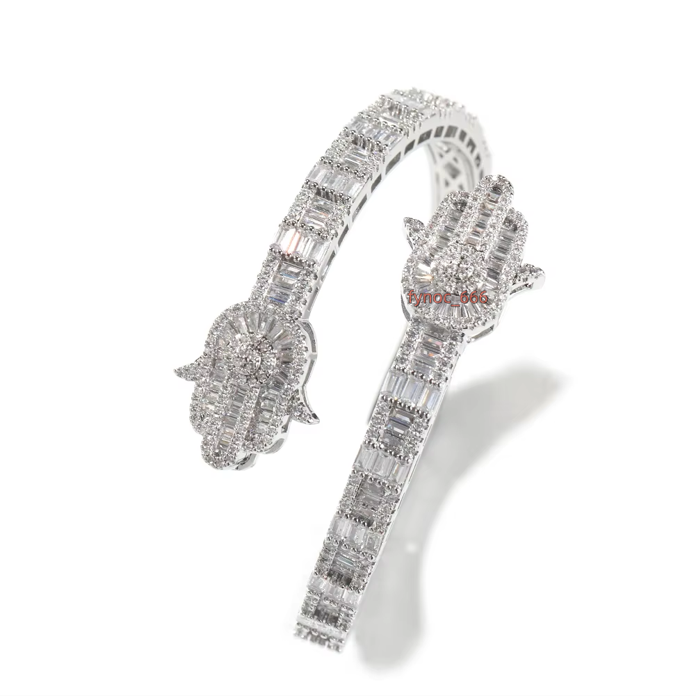 New Iced Out Bling Micro Pave 5A CZ Zircon Baguette Diamond Hamsa Hand Openning Bangle for Men Women Hip Hop Luxury Jewelry