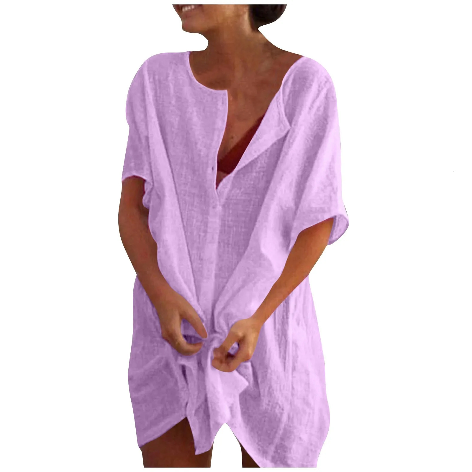 Cotton Linen Breathable And Comfortable Mid Length Oversized Button Down Half Sleeve Oneck Cardigan Casual Beach Suncreen Top 260228