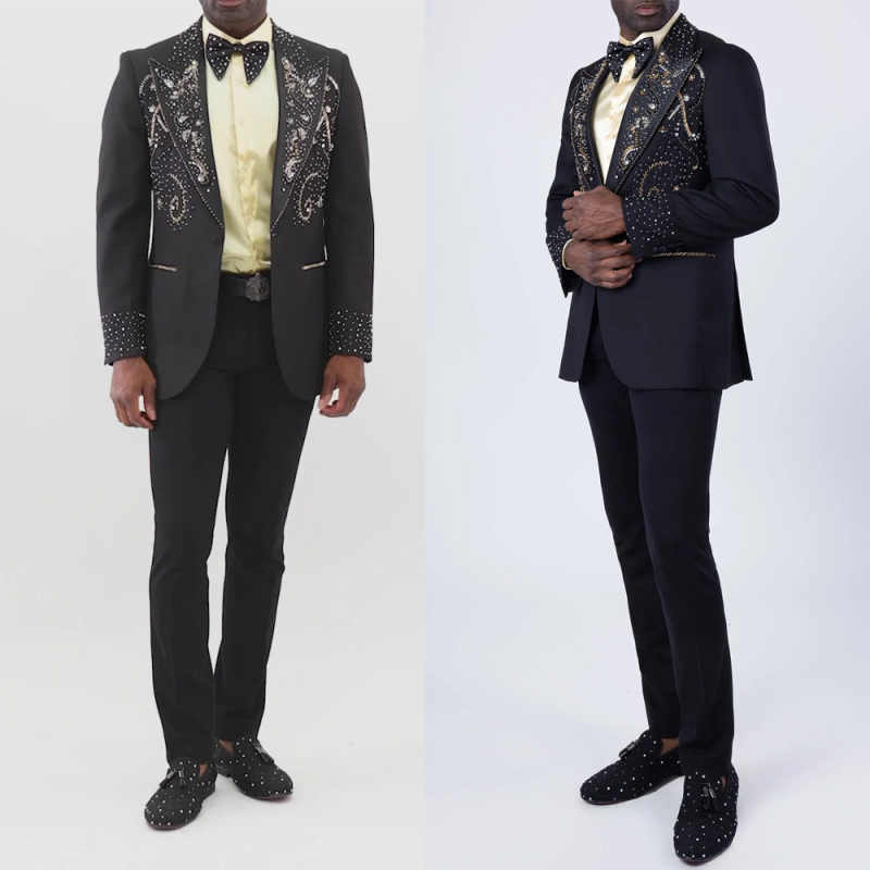 Handsome Beaded Men Suits One Button Peaked Lapel Blazer Pants Loose Fit 2 Pieces Groom Wedding Tuxedos Customized