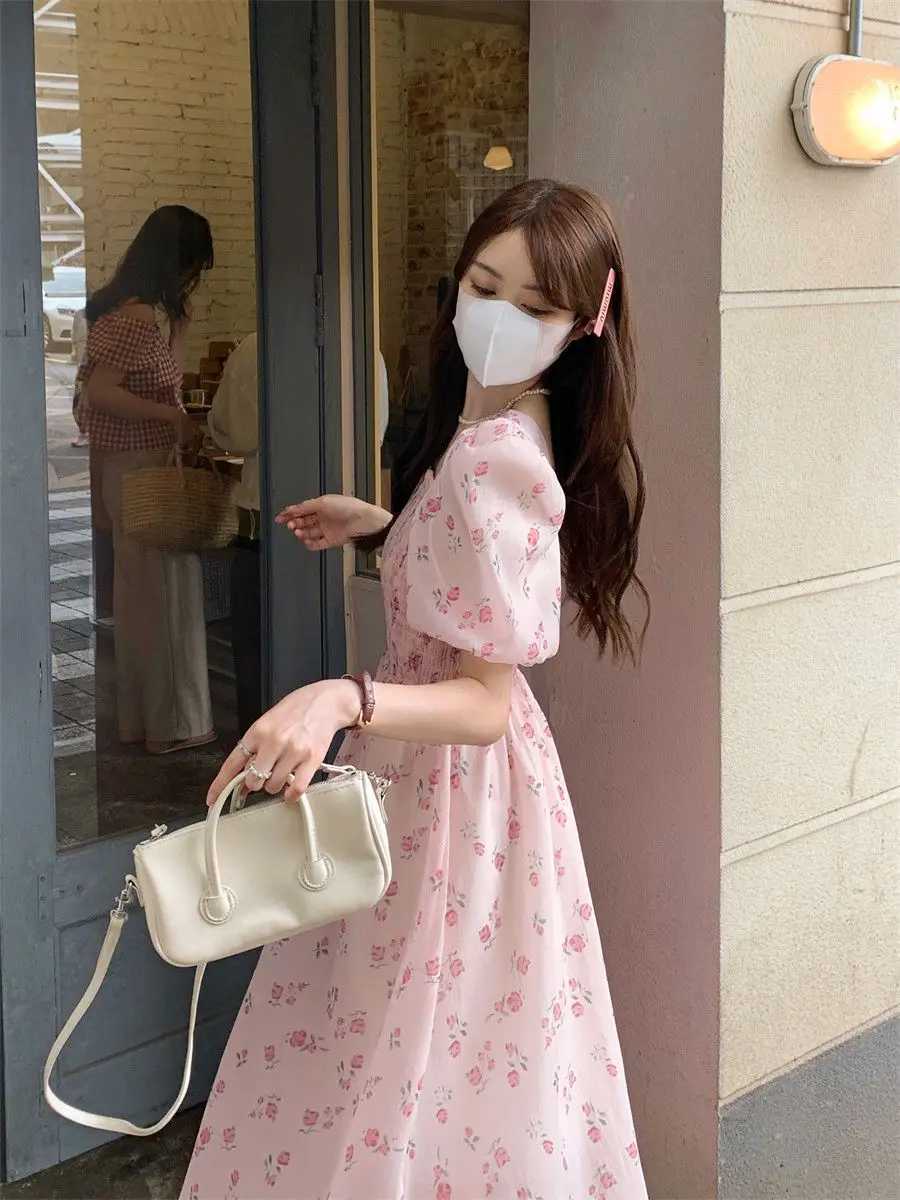 Gentle Floral Square Collar Female Temperament Waist-hugging A-line Puff Sleeve Dress X260306